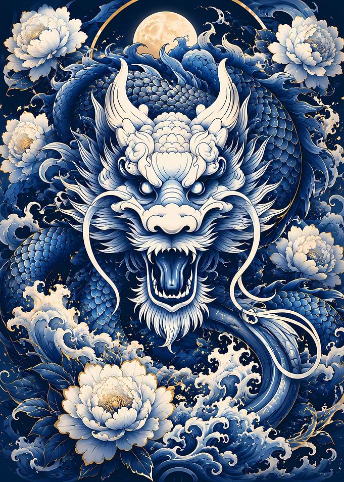 Majestic Blue Dragon and Peonies