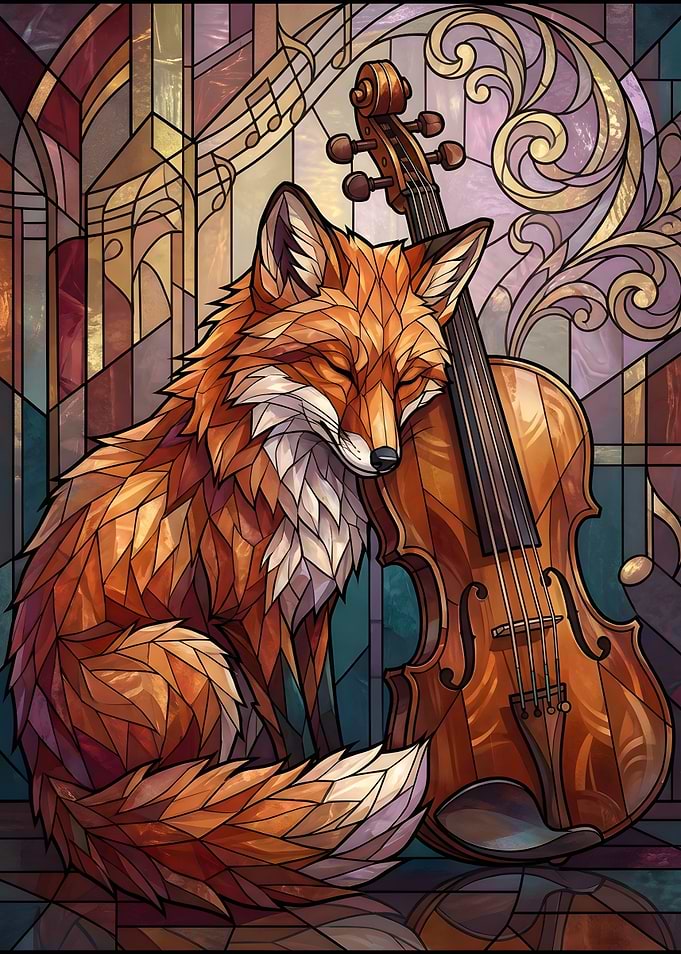 Stained Glass Fox and Violin
