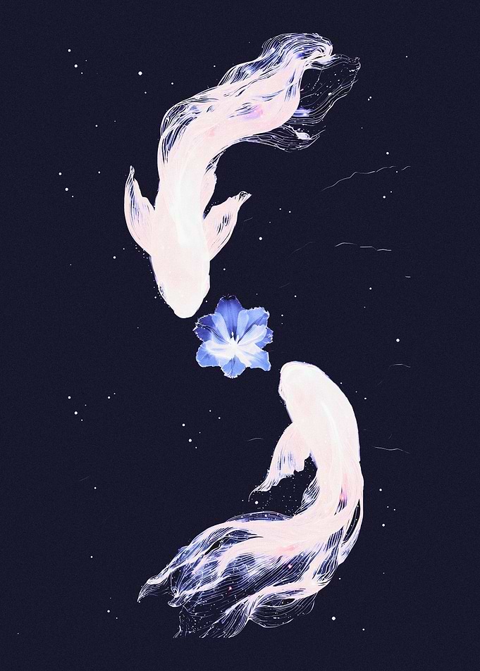 Ethereal Koi Fish and Blue Flower