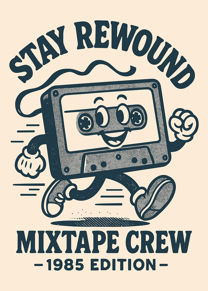 Stay Rewound Retro Cassette Tape Poster | Vintage 1980s Mixtape Wall Art
