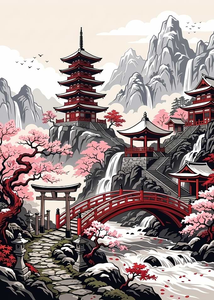 Traditional Japanese Pagoda Mountain Landscape