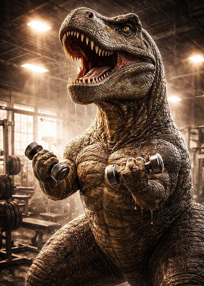 Muscular T-Rex Working Out in Gym