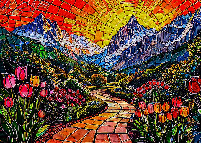Stained Glass Mountain Landscape with Tulips