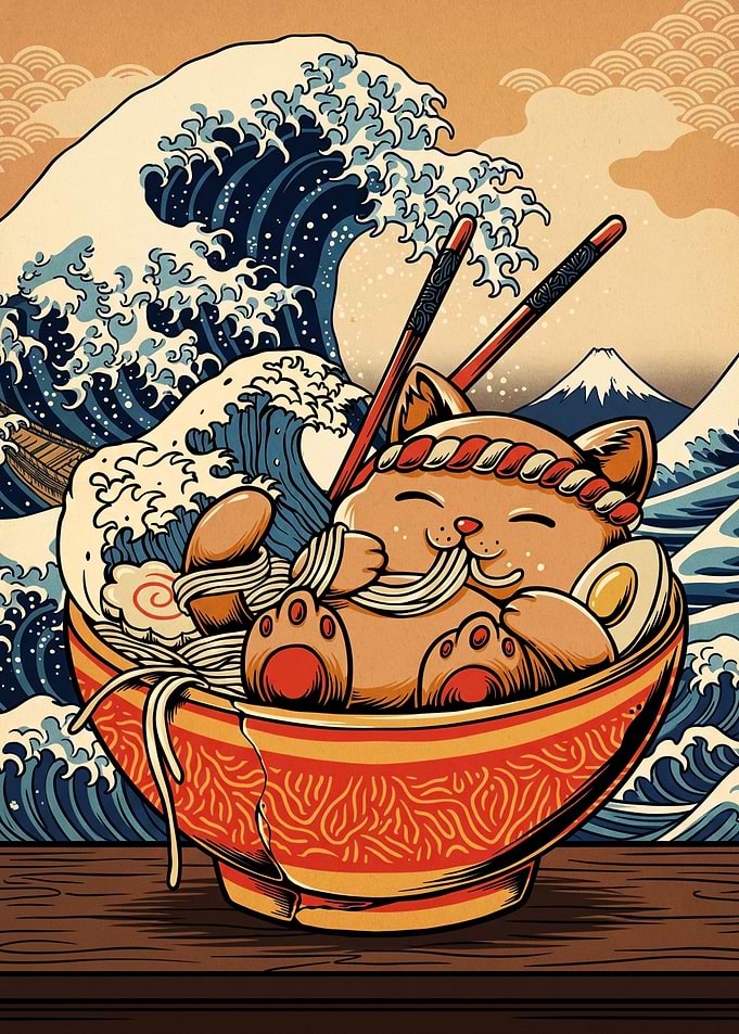 Cute Cat Eating Ramen Great Wave