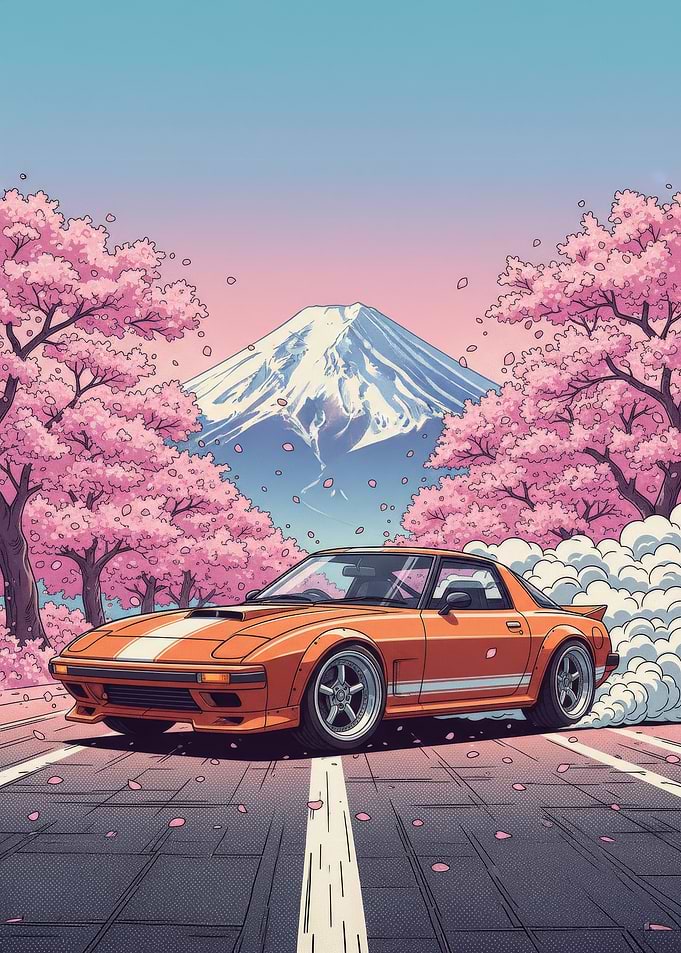 Orange Mazda RX-7 Drifting Under Sakura