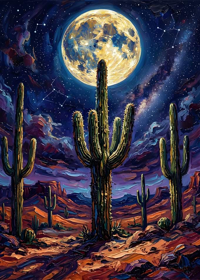 Saguaro Cactus Desert Under Full Moon