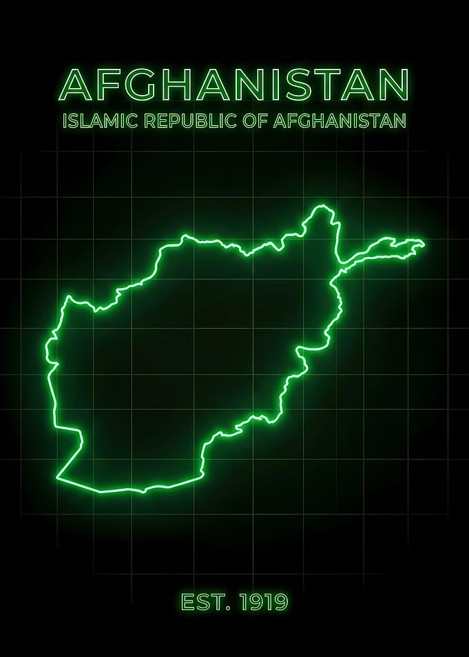 Neon Green Afghanistan Map Poster on Black Grid Background | Minimalist Digital Art