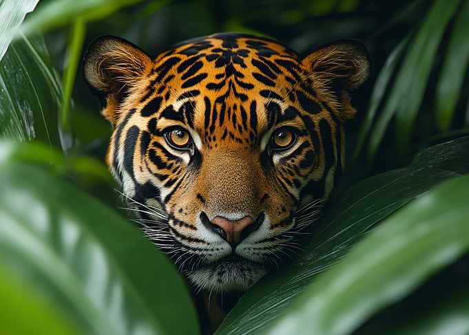 Jaguar Peering Through Lush Jungle Leaves