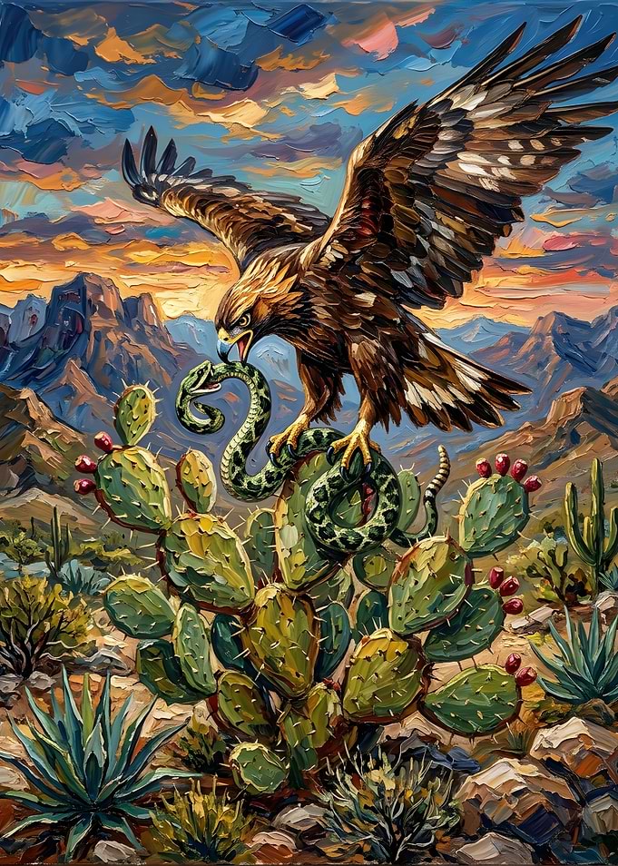 Eagle and Snake on Cactus Painting