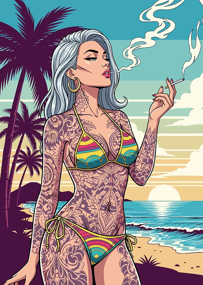 Tattooed Woman Smoking on Tropical Beach