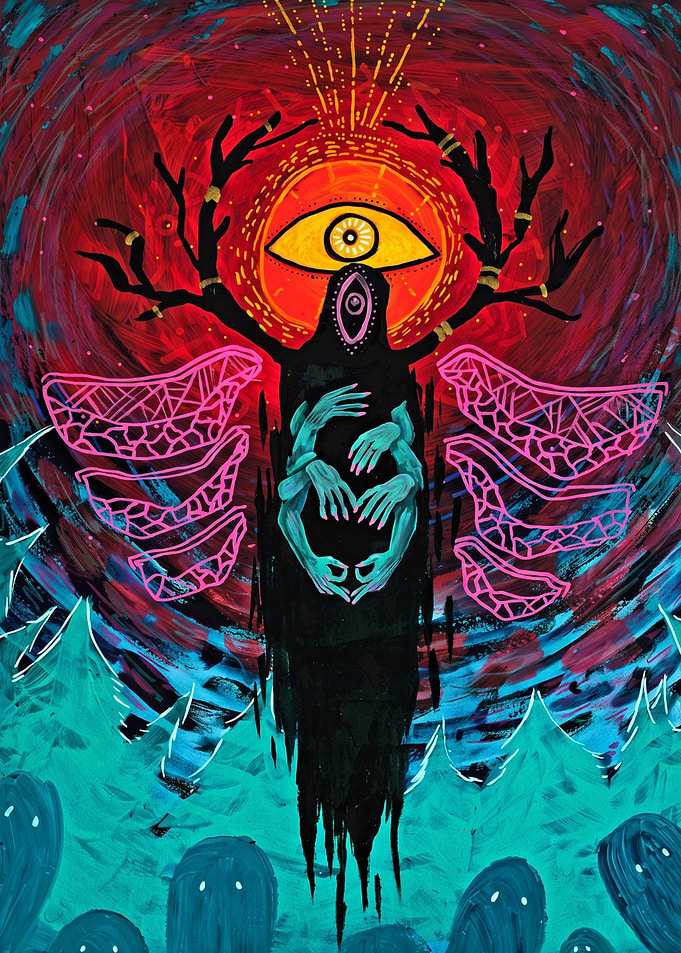 Surreal Cosmic Entity with Multiple Hands