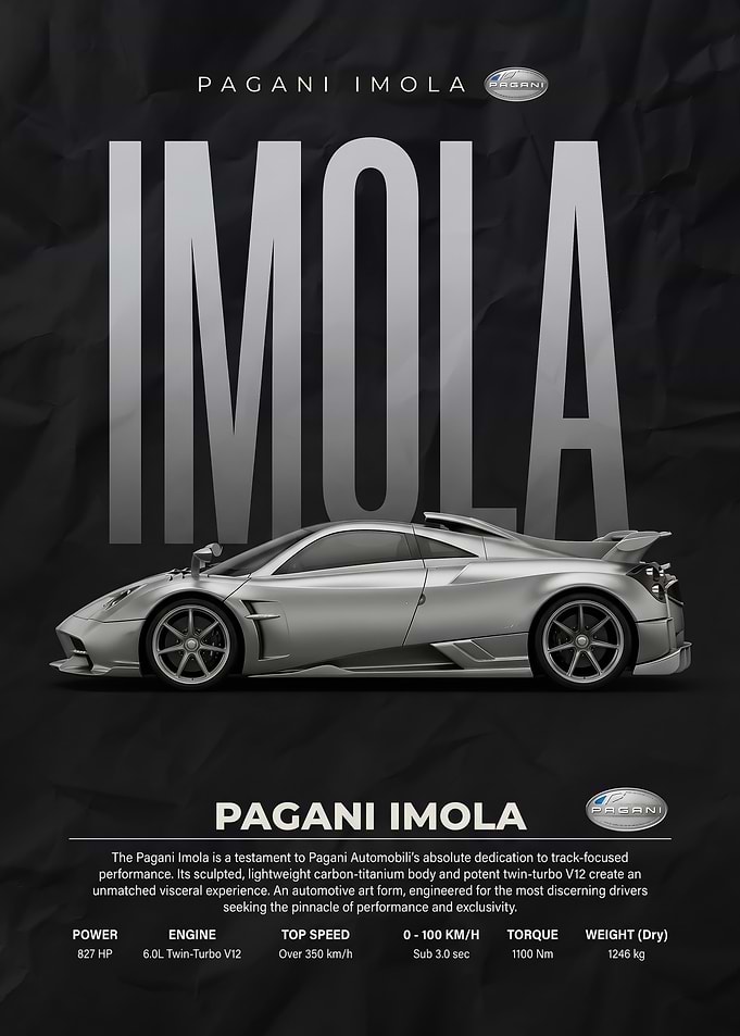 sleek side view Pagani Imola Supercar silver car Poster