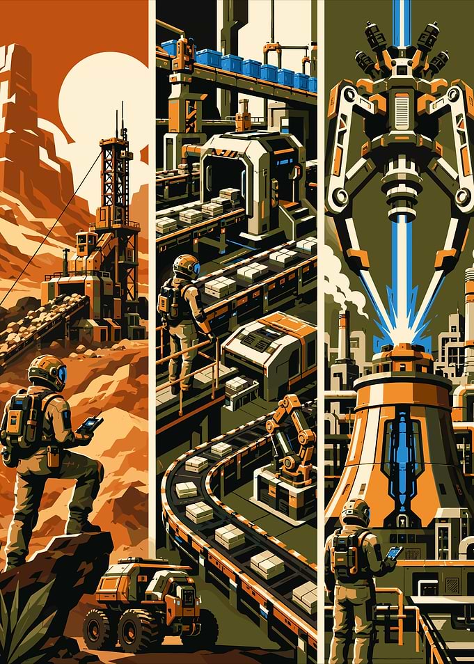 Futuristic Space Colony Industrial Triptych