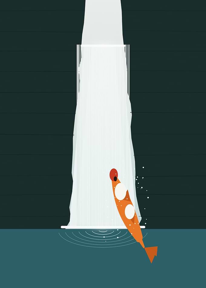 Koi Waterfall - Minimalist Japanese Leaping Fish