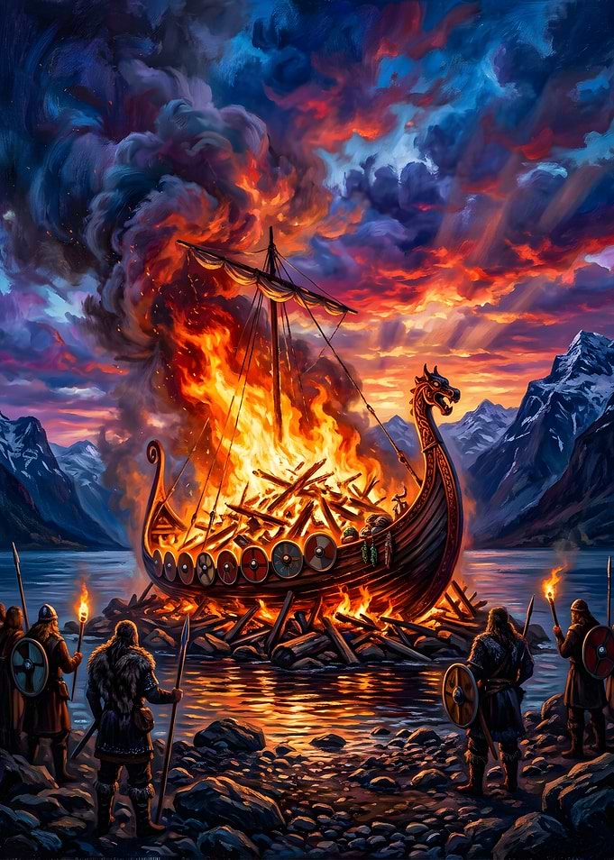 Viking Funeral Pyre at Sunset