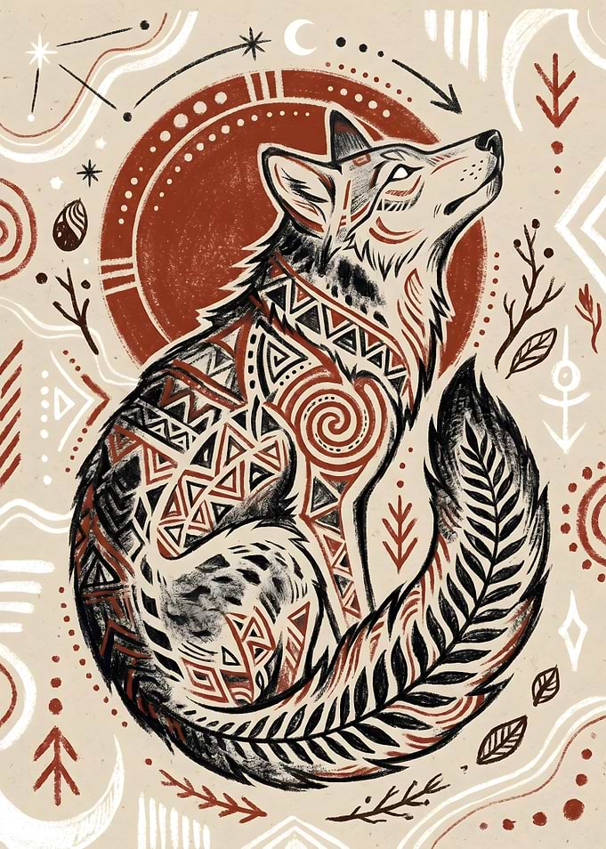 Tribal Patterned Wolf Illustration