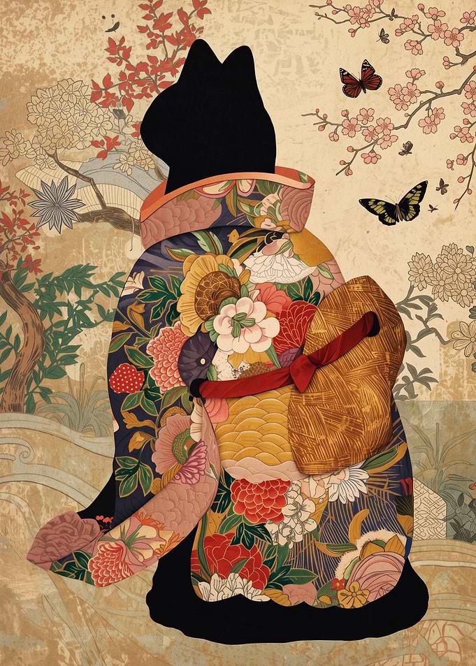 Silhouette Cat in Floral Kimono
