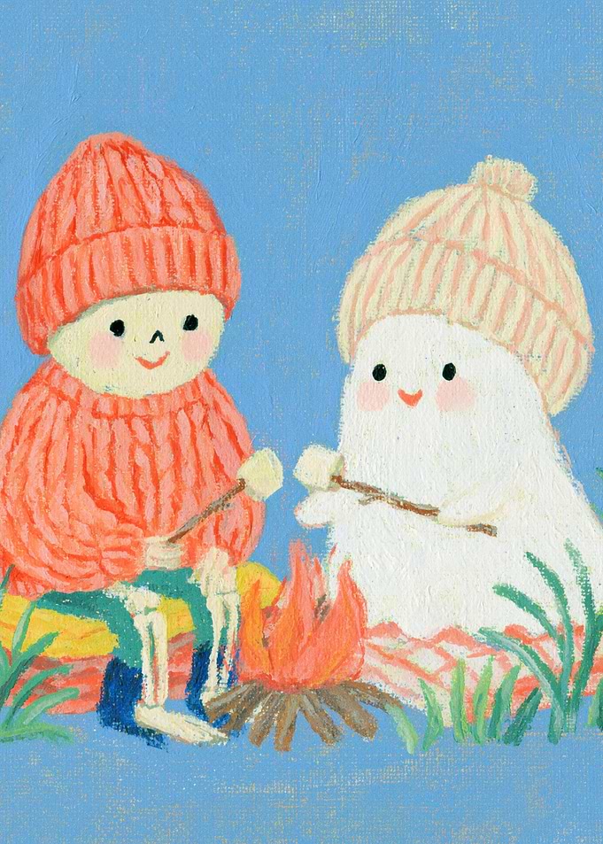 Cute Skeleton and Ghost Roasting Marshmallows