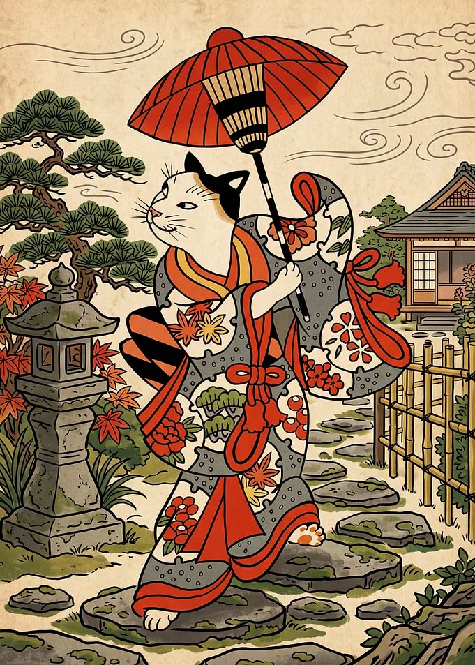 Ukiyo-e Style Cat in Kimono