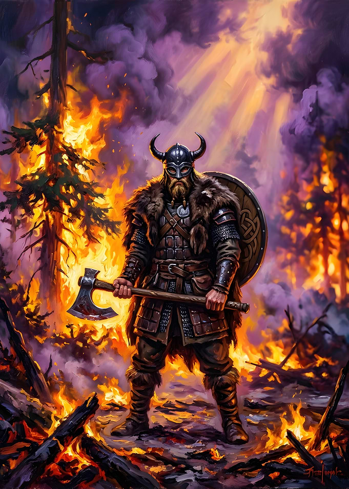 Viking Warrior Standing in Forest Fire