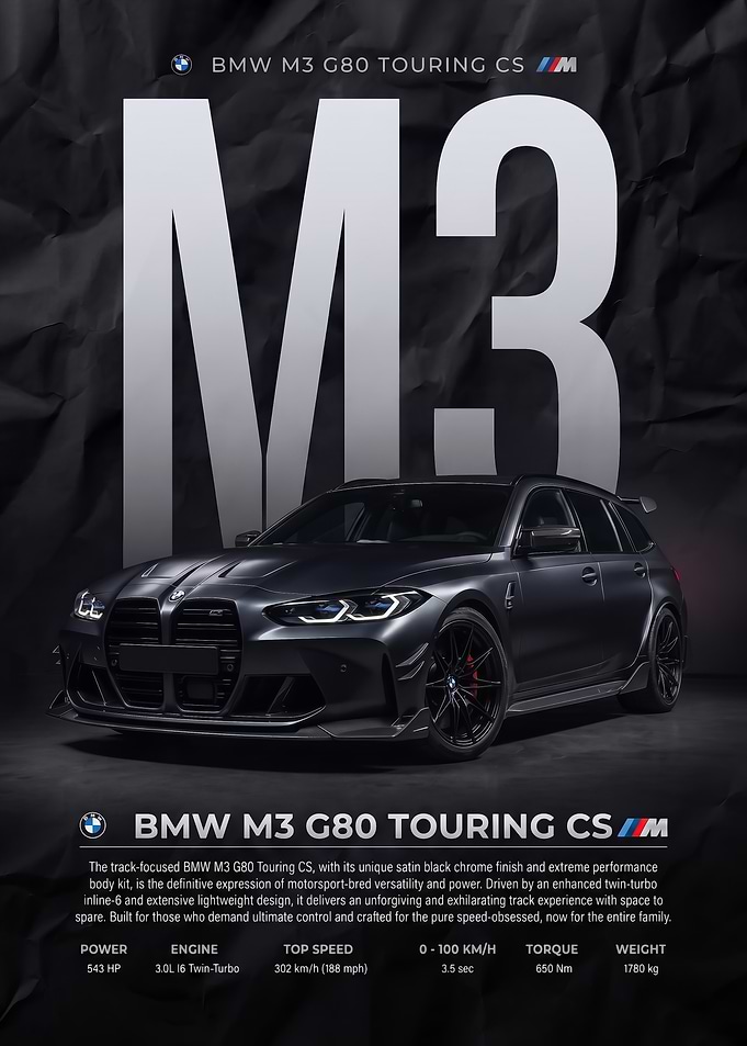 black sleek BMW M3 G80 Touring car Poster