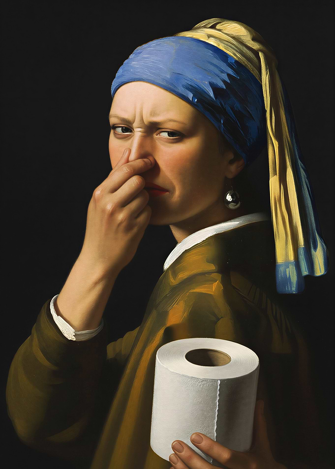 Classical Pearl Girl Holding Toilet Paper - Funny Bathroom - Renaissance Parody