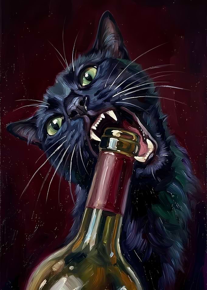 Black Cat Biting Wine Bottle