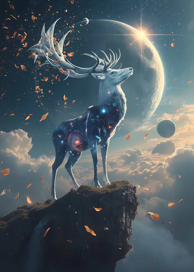 Celestial Cosmic Deer on Cliff