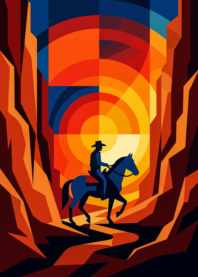 Geometric Cowboy Riding Through Canyon