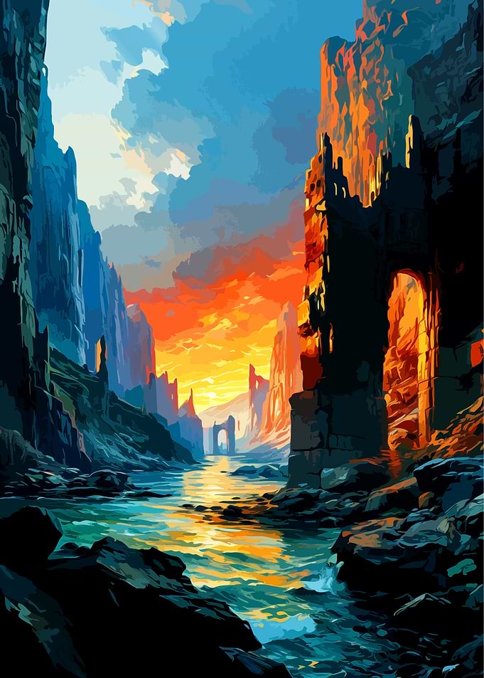 Fantasy Canyon River Sunset Landscape