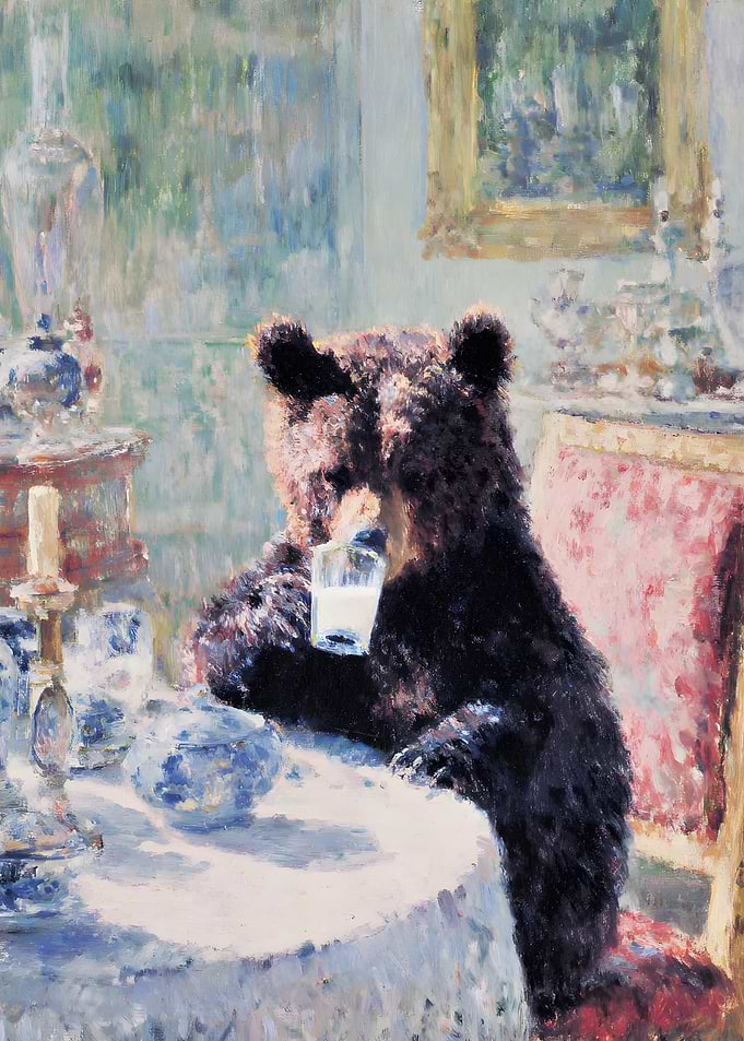 Bear Drinking Milk at Table