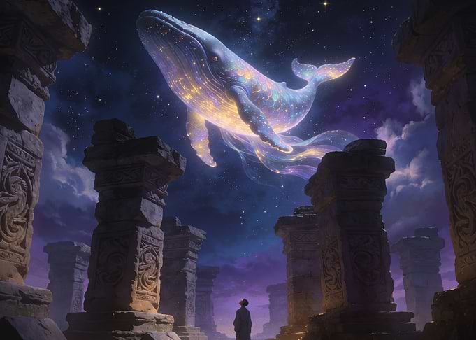 Cosmic Whale Above Ancient Ruins