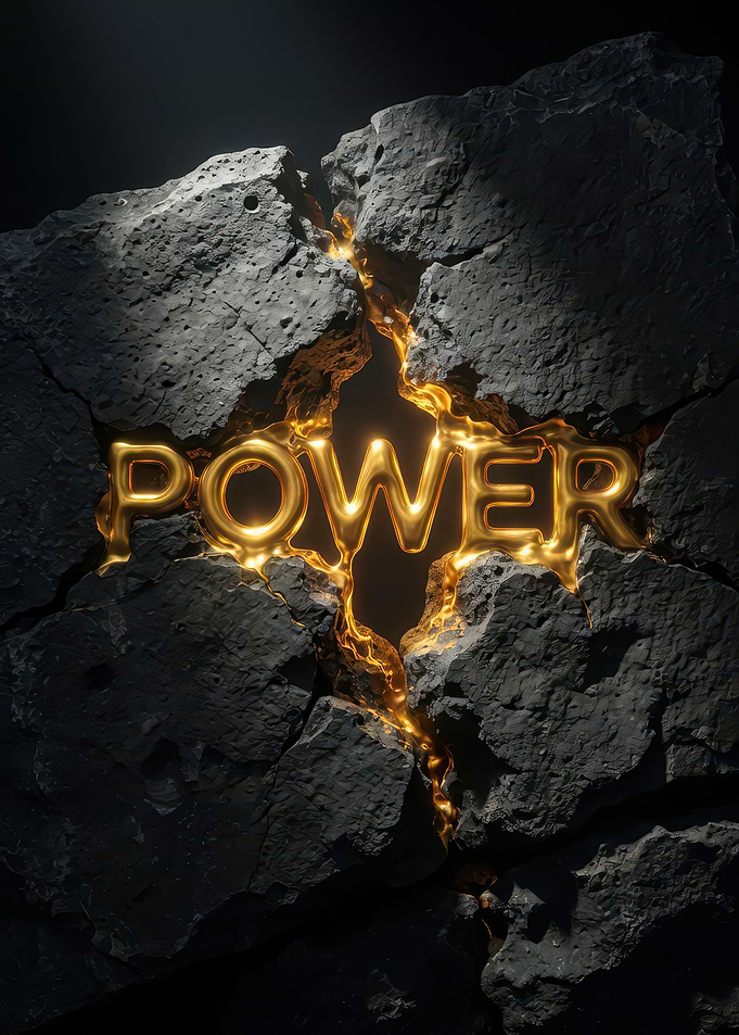 Golden Power Text Breaking Through Rock
