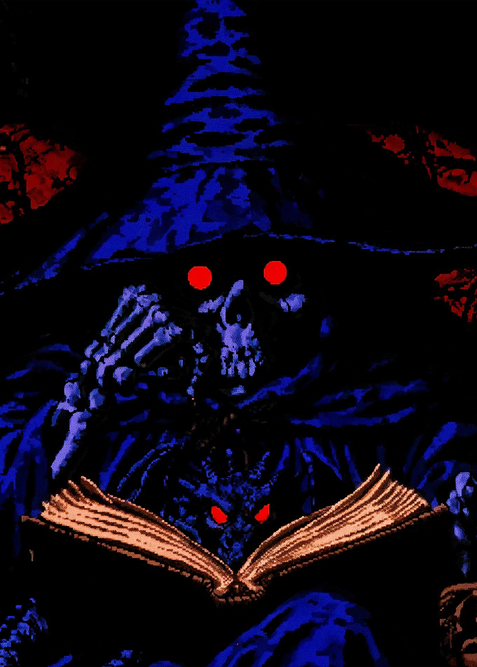 Skeleton Wizard Reading Dark Grimoire