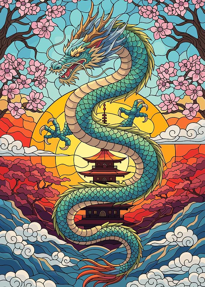 Stained Glass Japanese Dragon Art