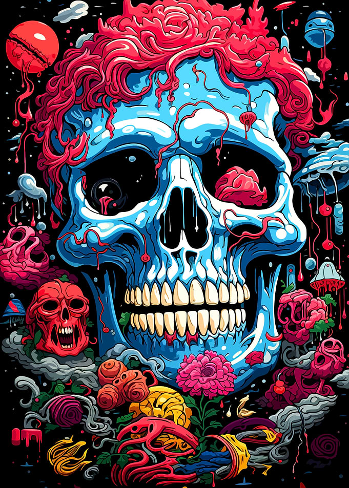 Surreal Blue Skull with Floral Accents
