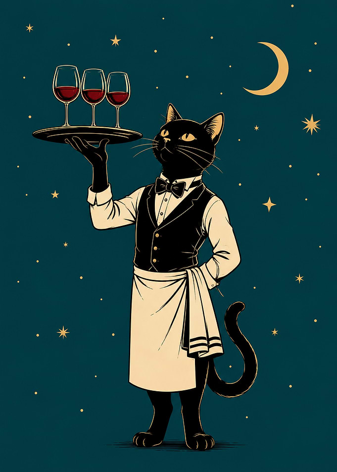 Sophisticated Black Cat Waiter Illustration
