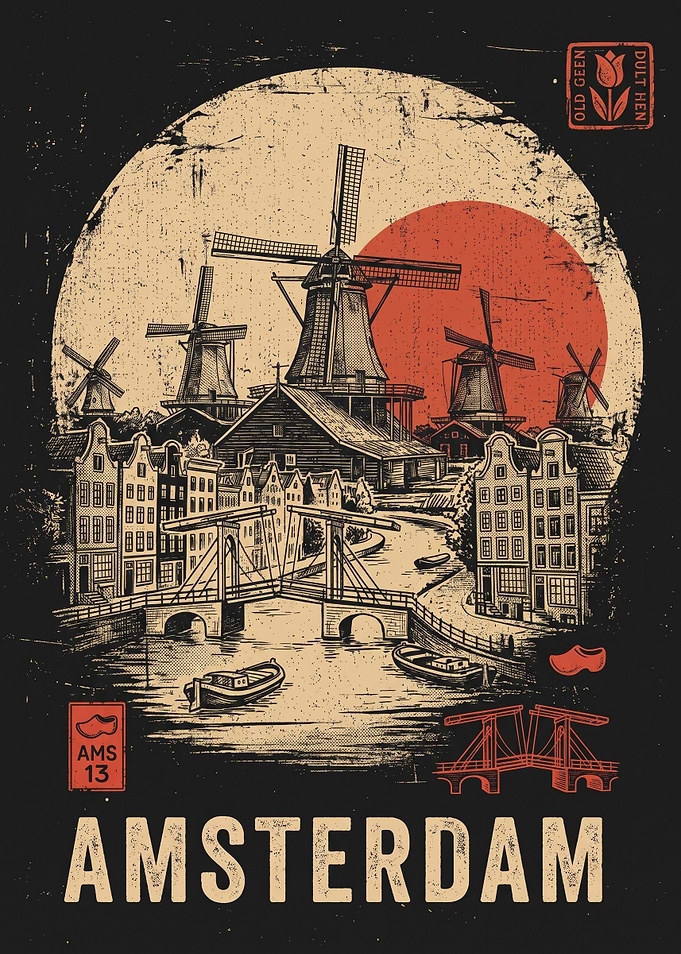 Vintage Amsterdam Windmill Travel Poster