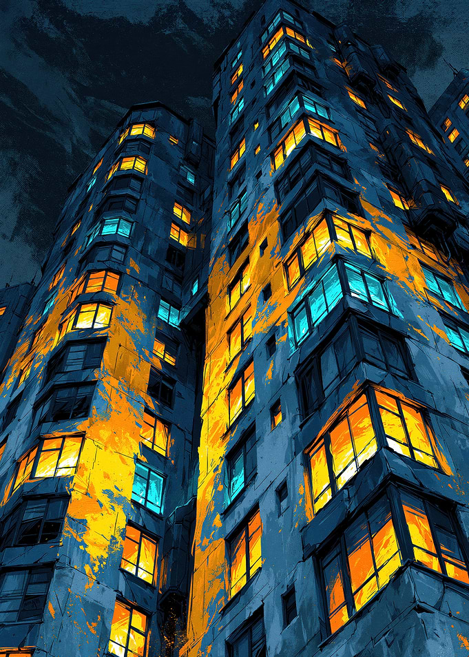 Abstract Urban Apartment Building at Night