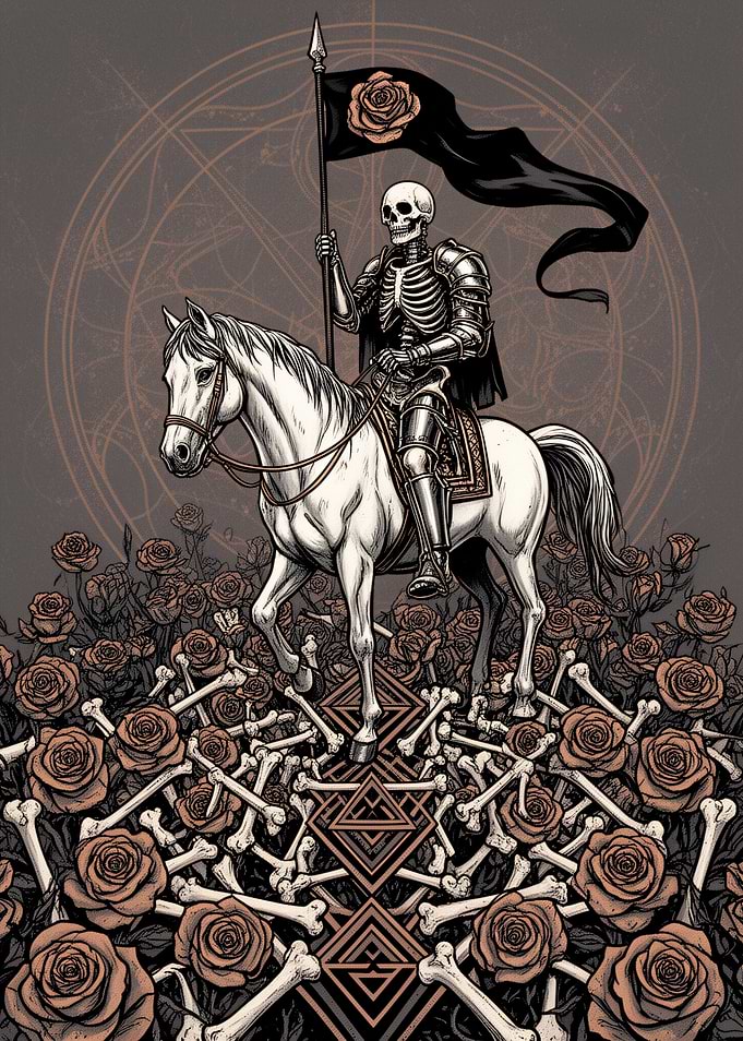 Skeleton Knight on Horseback with Roses