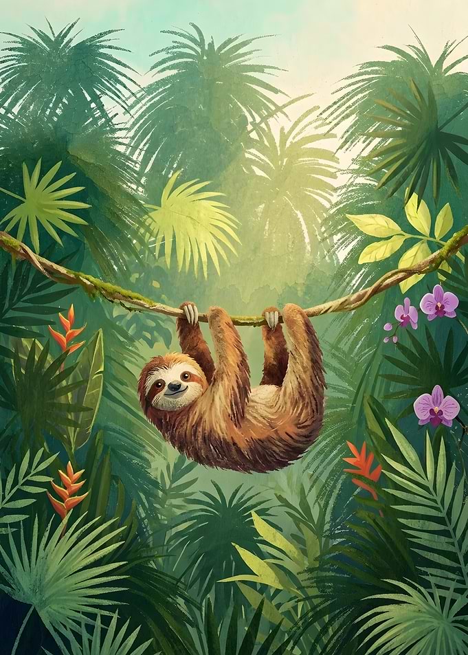 Happy Sloth Hanging in Jungle