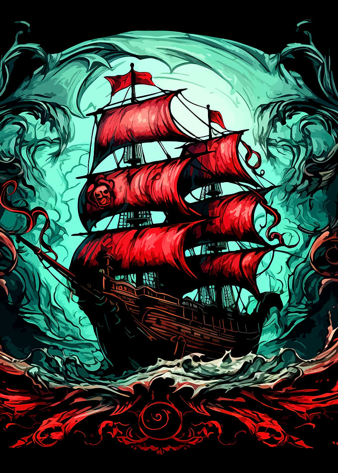 Ghostly Pirate Ship with Red Sails