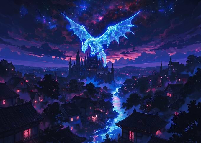 Glowing Blue Dragon Over Fantasy Village