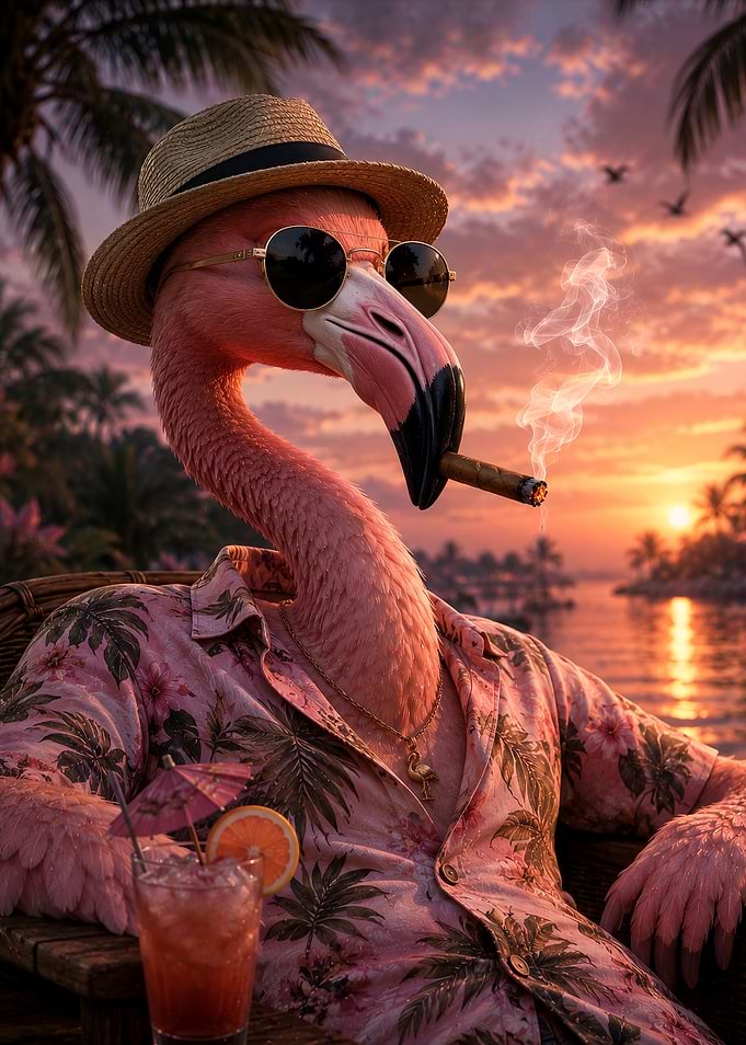 Cool Flamingo Relaxing at Sunset