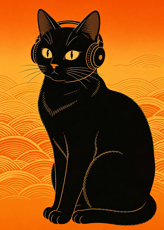Black Cat Wearing Headphones Illustration