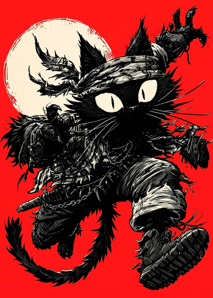 Black Ninja Cat Warrior Illustration