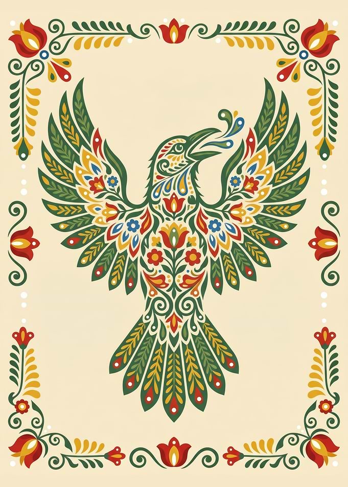 Traditional Nordic Kurbits Folk Art Raven Illustration