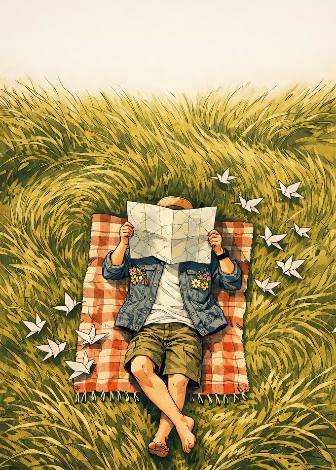 Boy Reading Map in Grassy Field