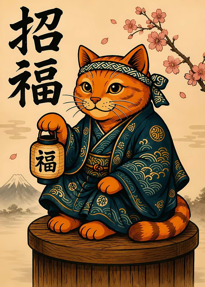 Japanese Cat with Lantern Illustration
