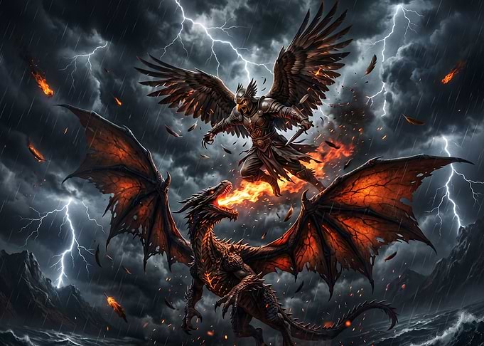 Warrior Battling Fire-Breathing Dragon